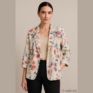 Vintage 70s Tweed Floral Blazer Cream Pink Blue Sz Small EUC